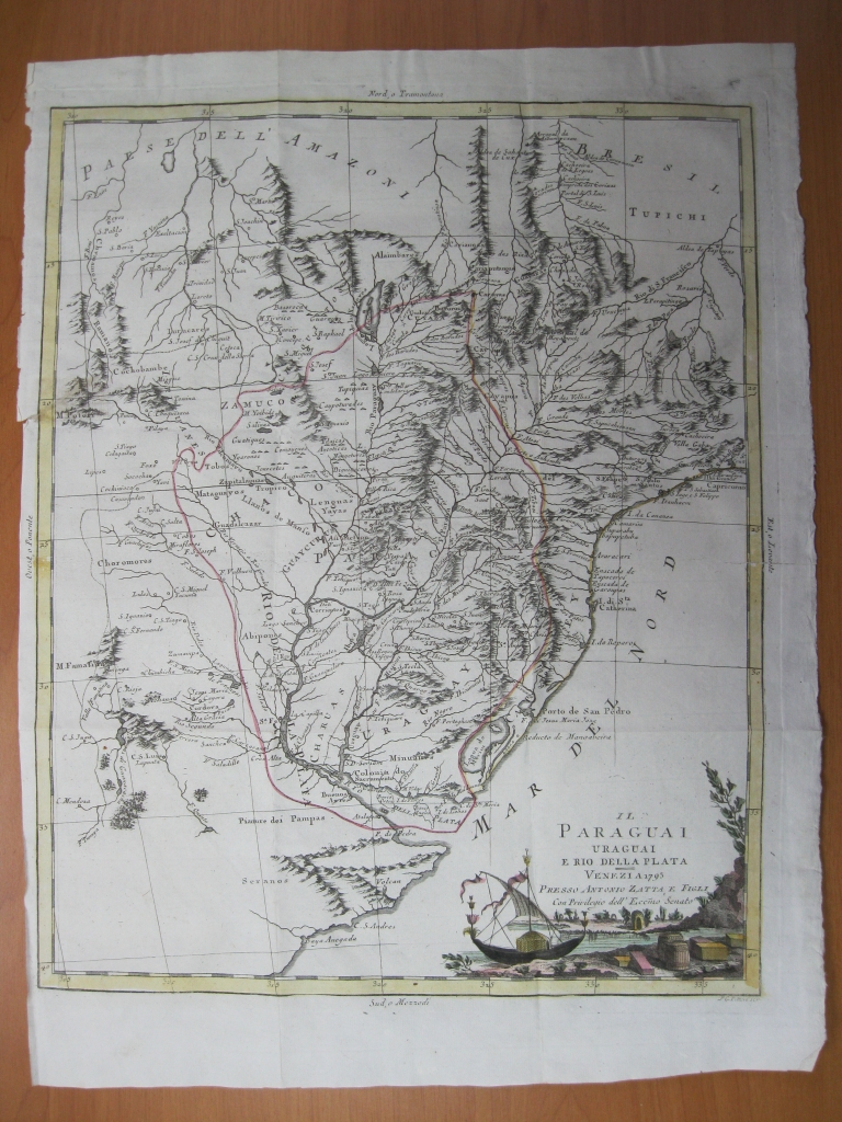 Mapa de Paraguay, Uruguay, Brasil, 1795. Zatta